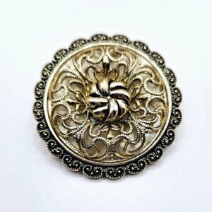 Vintage West Germany Scarf Ring Hinge Clip Gold Tone Ornate 3D Design Round